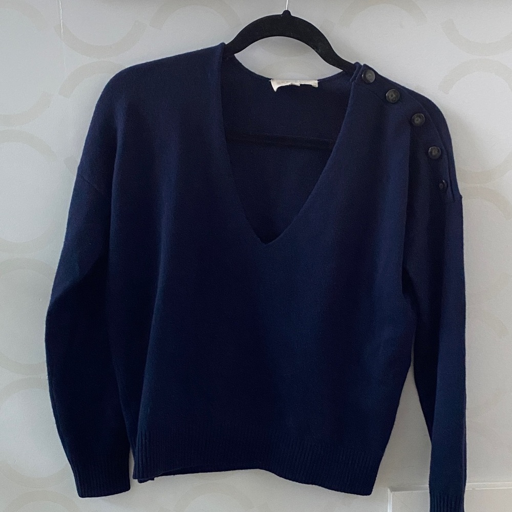 Sezane Curtis pullover Marine Blue V-Neck cashmere Sweater with Button Accents